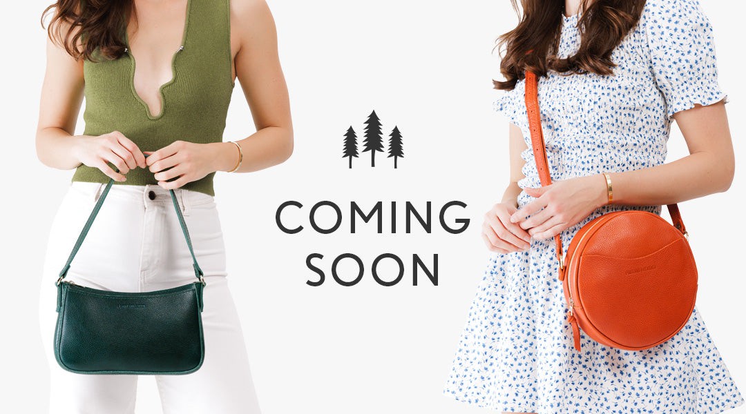 Two models carrying purses. Text says coming soon.