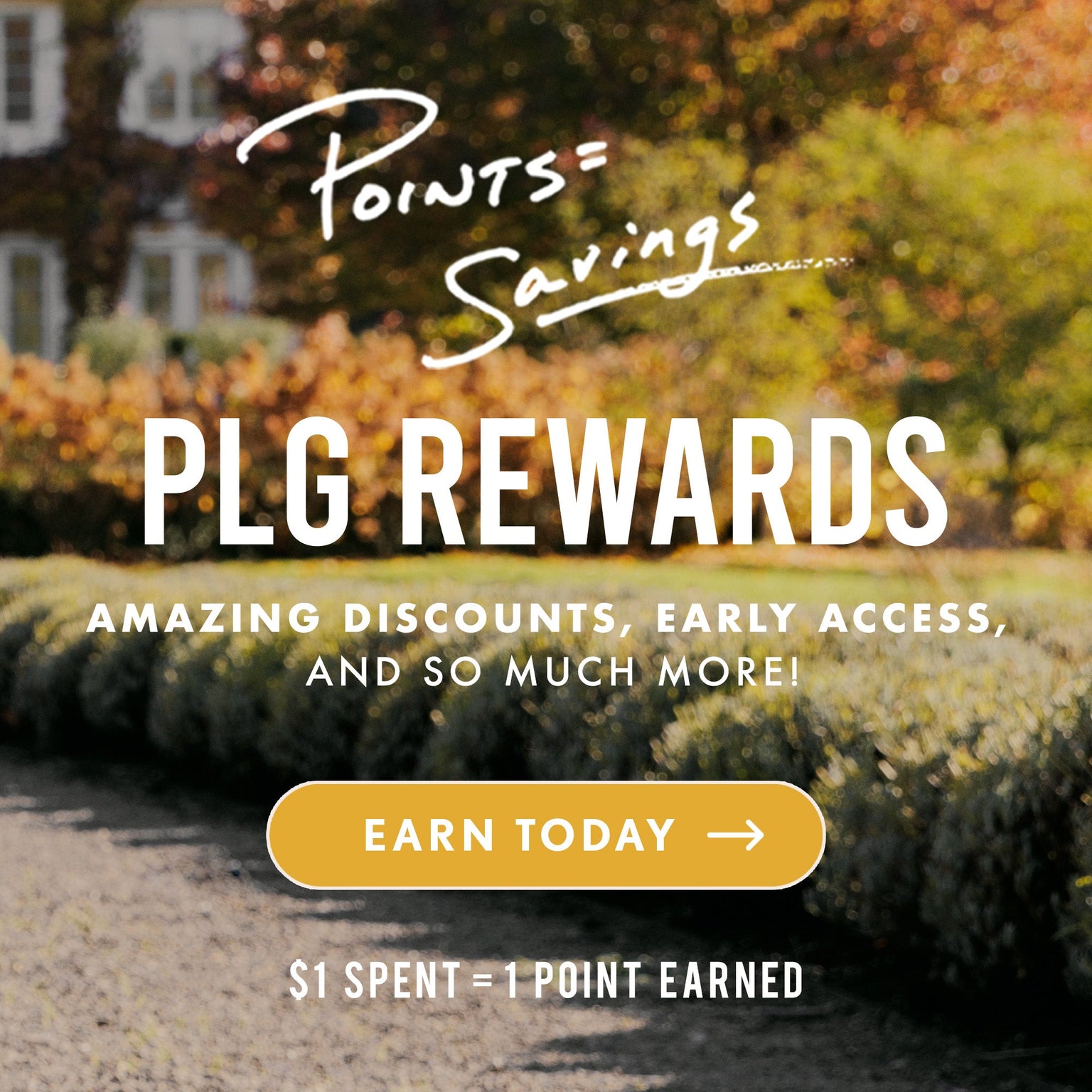 Outdoors fall scenery on a gravel road lined with hedges and autumnal trees. Text reads "PLG Rewards. Amazing discounts, early access, and so much more. Earn today. $1 spent equals 1 point earned."