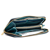 Soul Blue | Large accordion leather wallet with zipper open