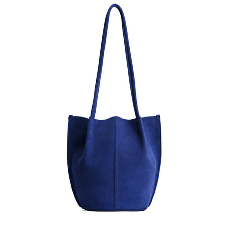 Joni Blue*Large | Wide bucket shaped tote bag with matching leather handles