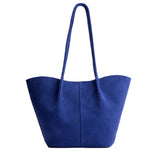 Joni Blue Large | Wide bucket shaped tote bag with matching leather handles
