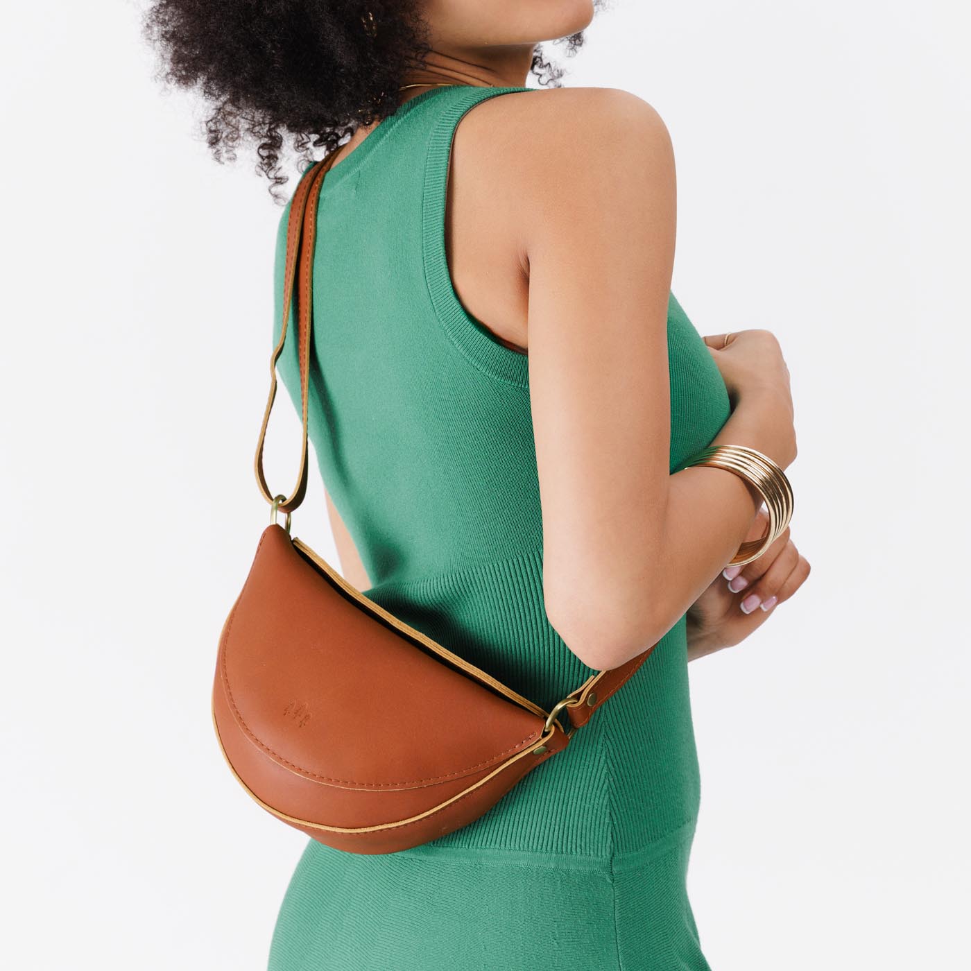 Honey*Small | Model wearing petite half circle shaped sling bag