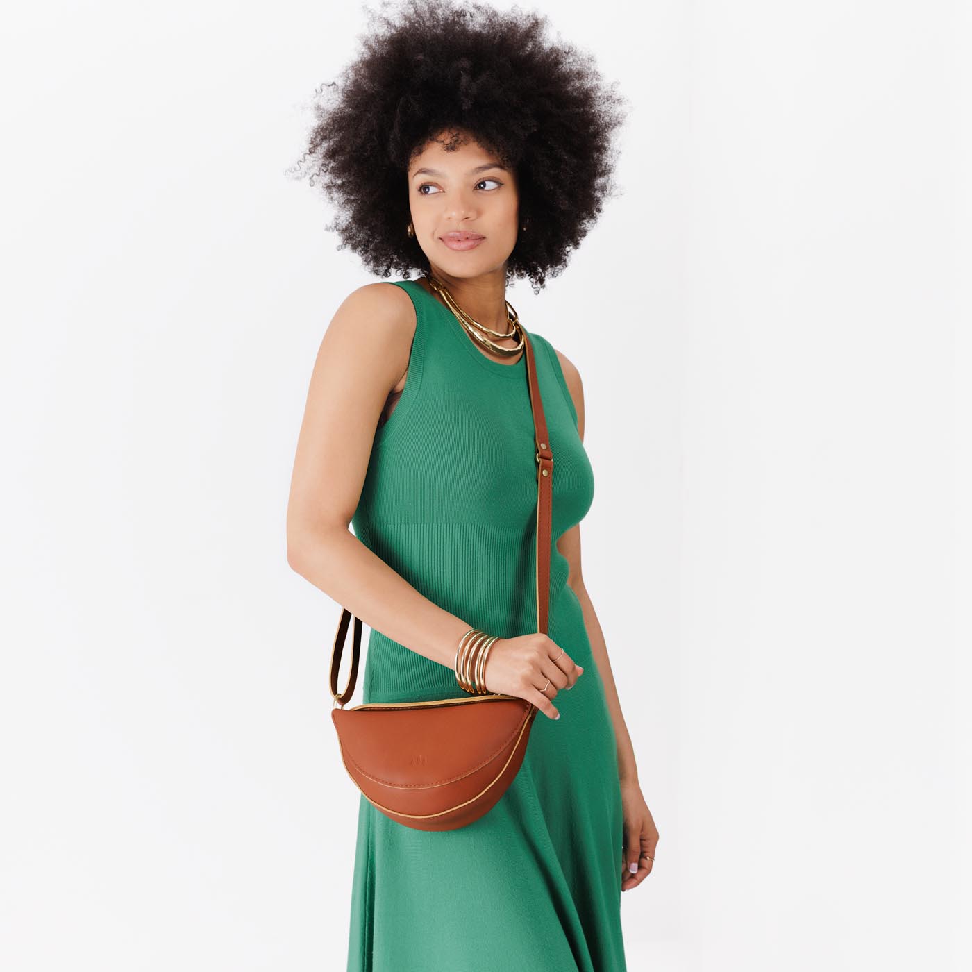 Honey*Small | Model wearing petite half circle shaped sling bag