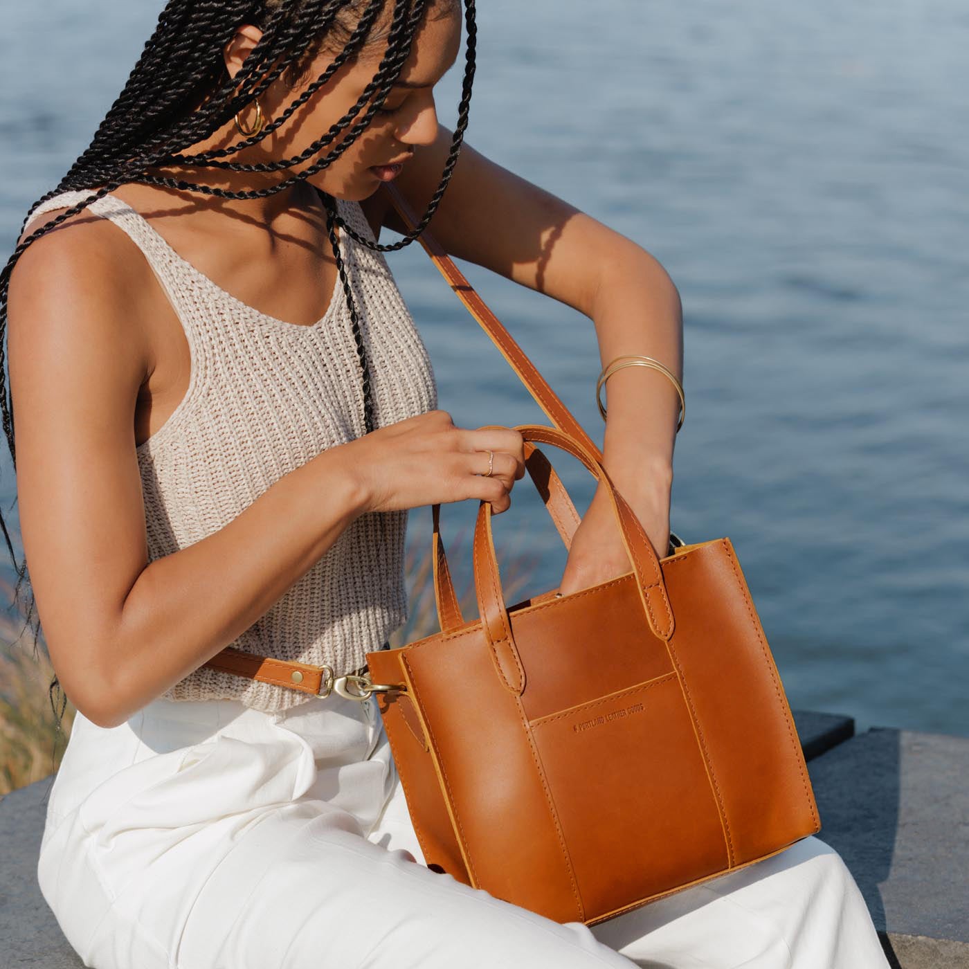 Honey | Structured mid-size tote bag with overlapping panels and crossbody strap 