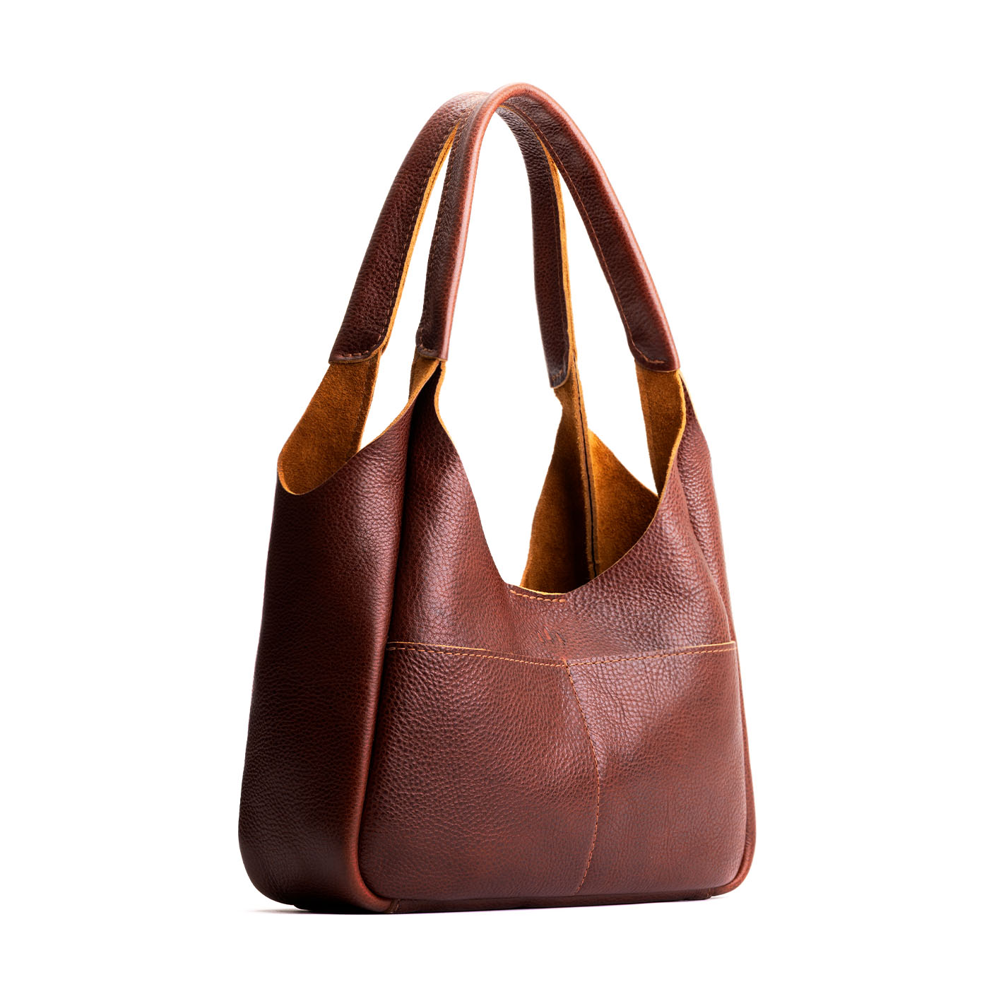 Nutmeg*Medium | U-shaped, flat-bottomed leather shoulder bag with two outside pockets