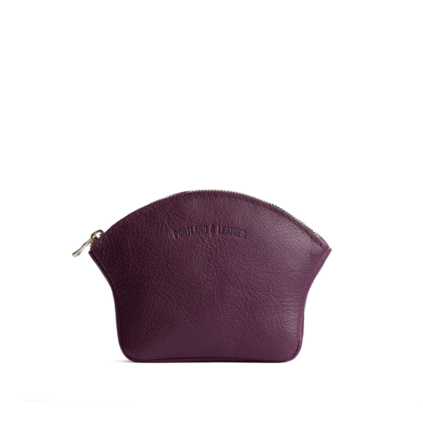 Plum*Large | Seashell shaped leather makeup bag with curved top zipper and flat bottom
