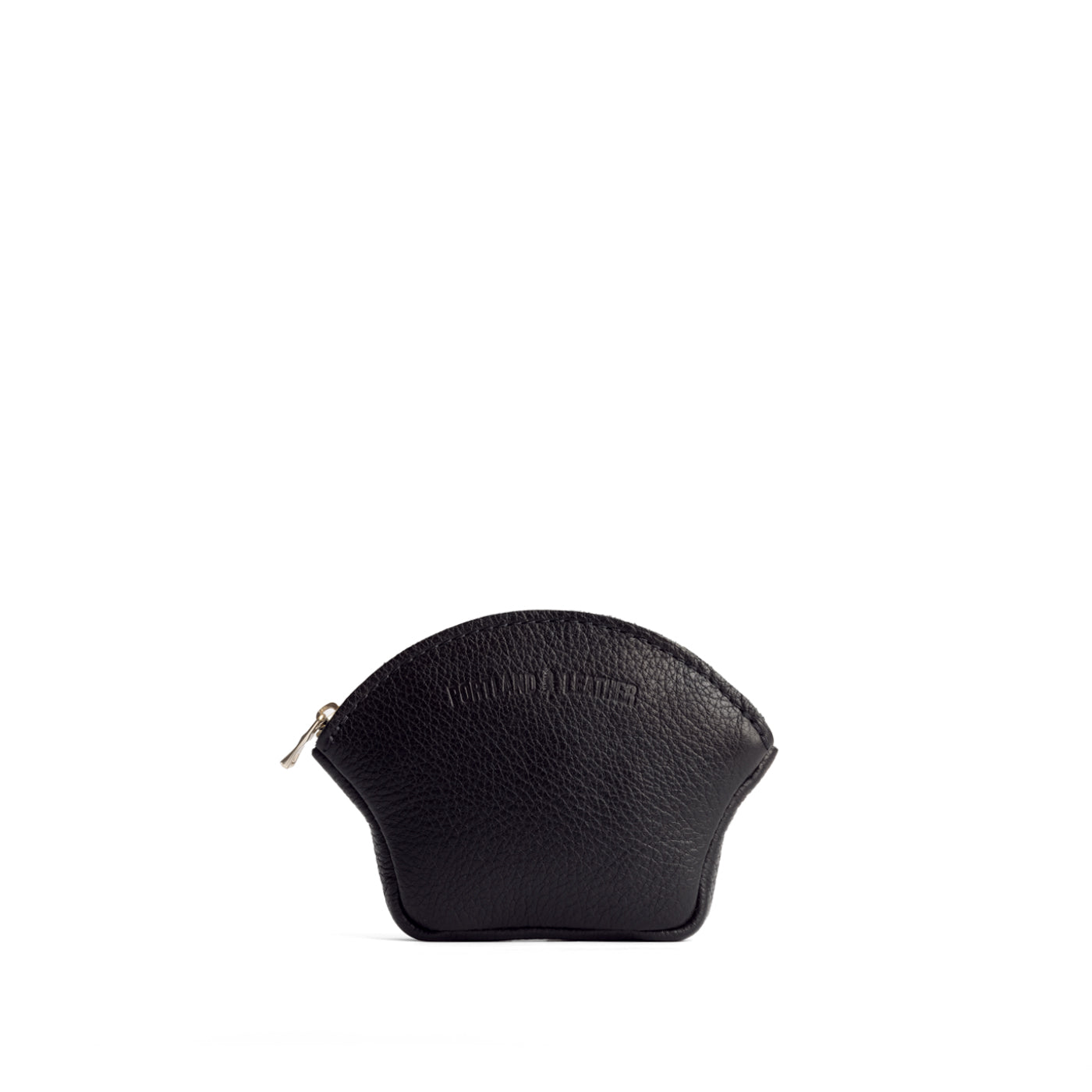 Pebbled--black*Small | Seashell shaped leather makeup bag with curved top zipper and flat bottom