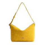 Hello Yellow Small | Petite slouchy leather shoulder bag with zipper opening and three metal tree emblems