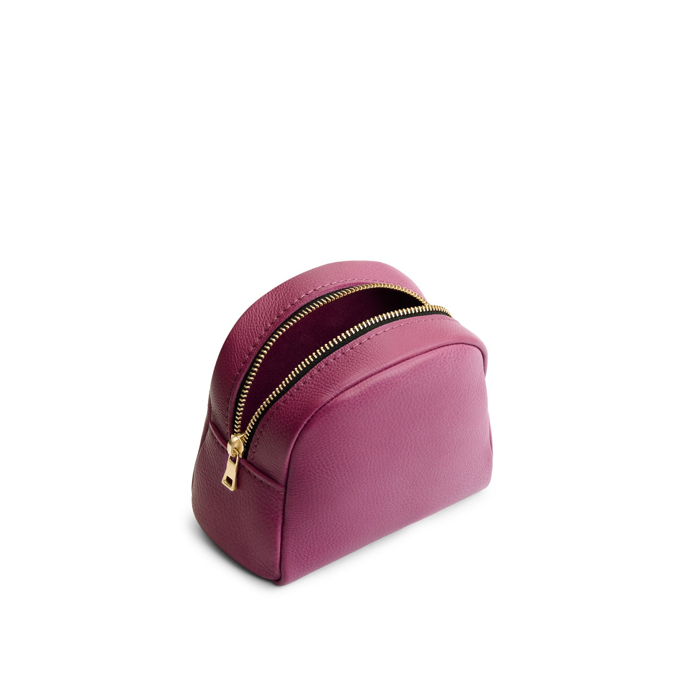 Iris | Curved top leather pouch with zipper opening, flat base, and three metal tree emblems in front