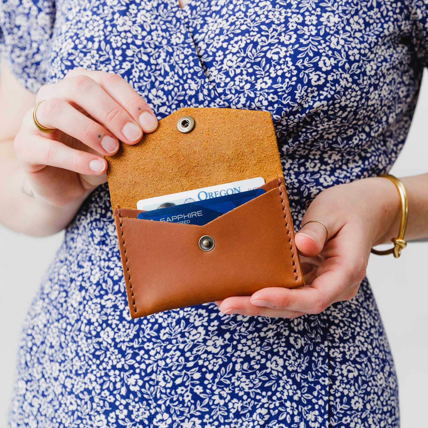 Honey | Model holding small leather envelope card wallet open